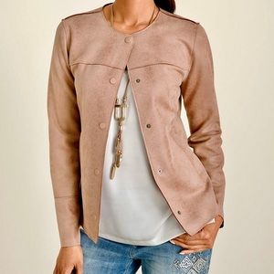 Chico’s Faux Suede Scuba Jacket Women’s Size L Petite Snakeskin Snap Front Boho